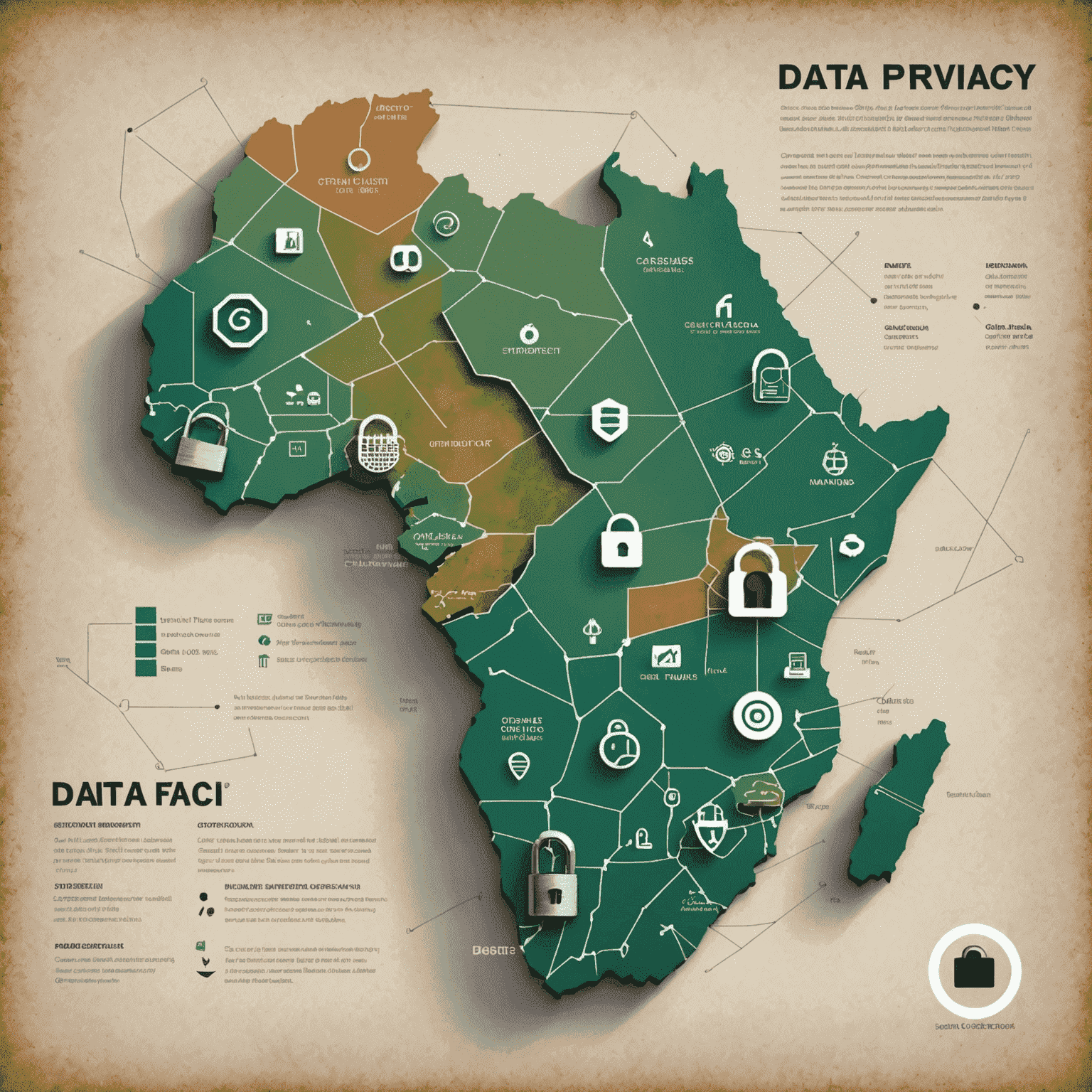 A visual representation of data privacy in South Africa, showing a map of the country overlaid with digital locks and data symbols, emphasizing the new regulations in the fintech sector