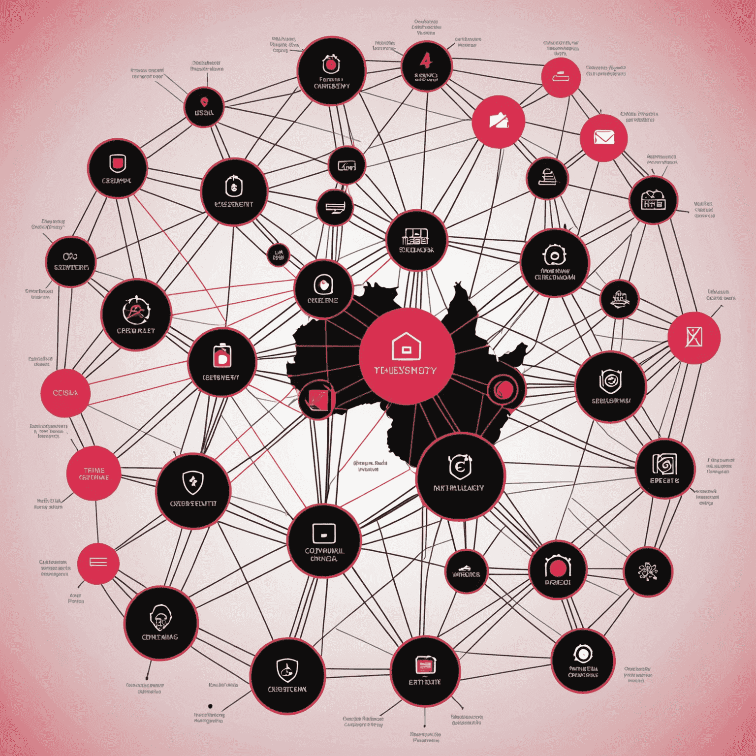 A complex network diagram showing interconnected nodes representing various cybersecurity threats specific to South Africa's fintech sector. The diagram uses red, pink, and black colors to highlight different threat levels and connections.