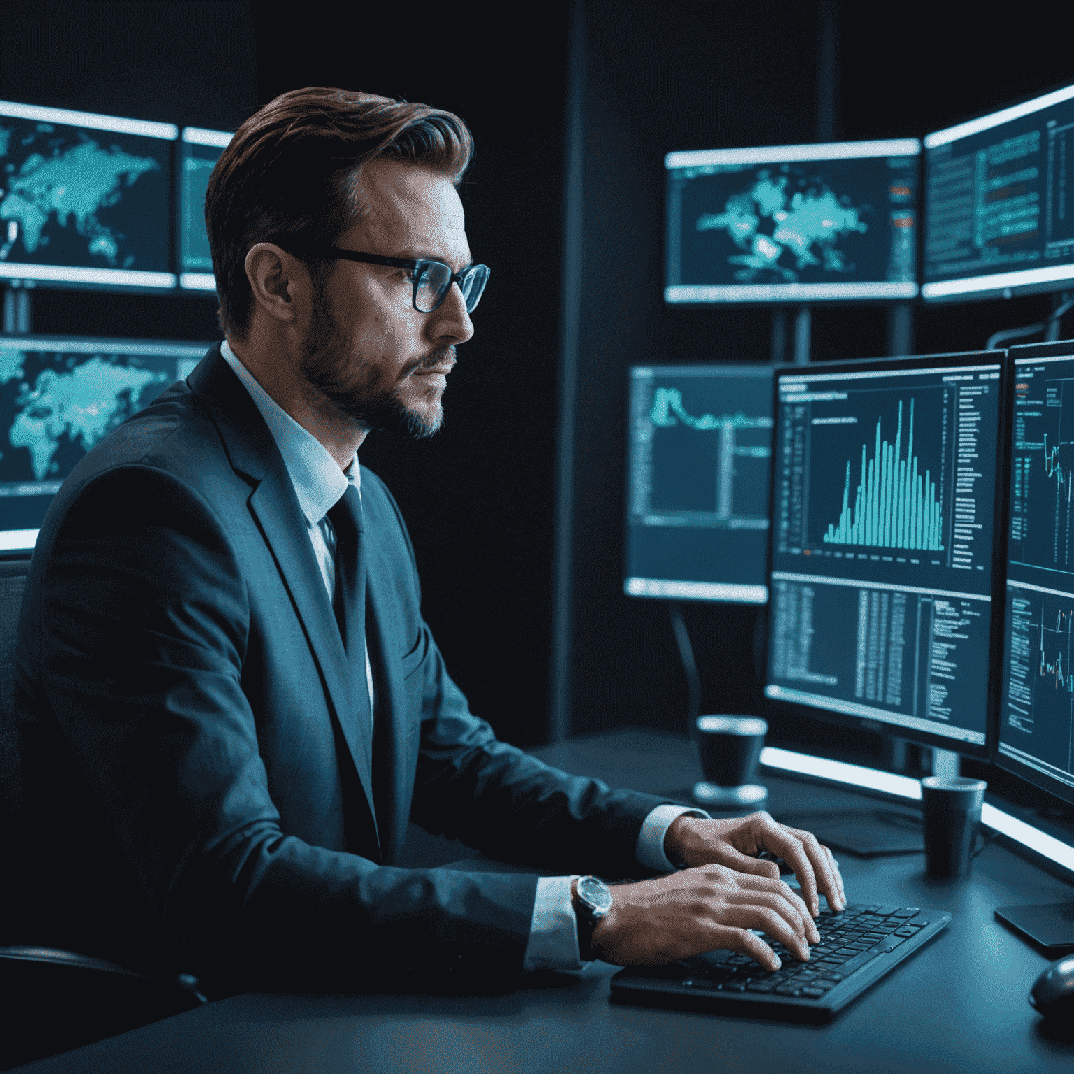 A cybersecurity expert analyzing complex code on multiple screens, searching for potential vulnerabilities in a fintech system. The image conveys a sense of thorough investigation and high-tech security measures.