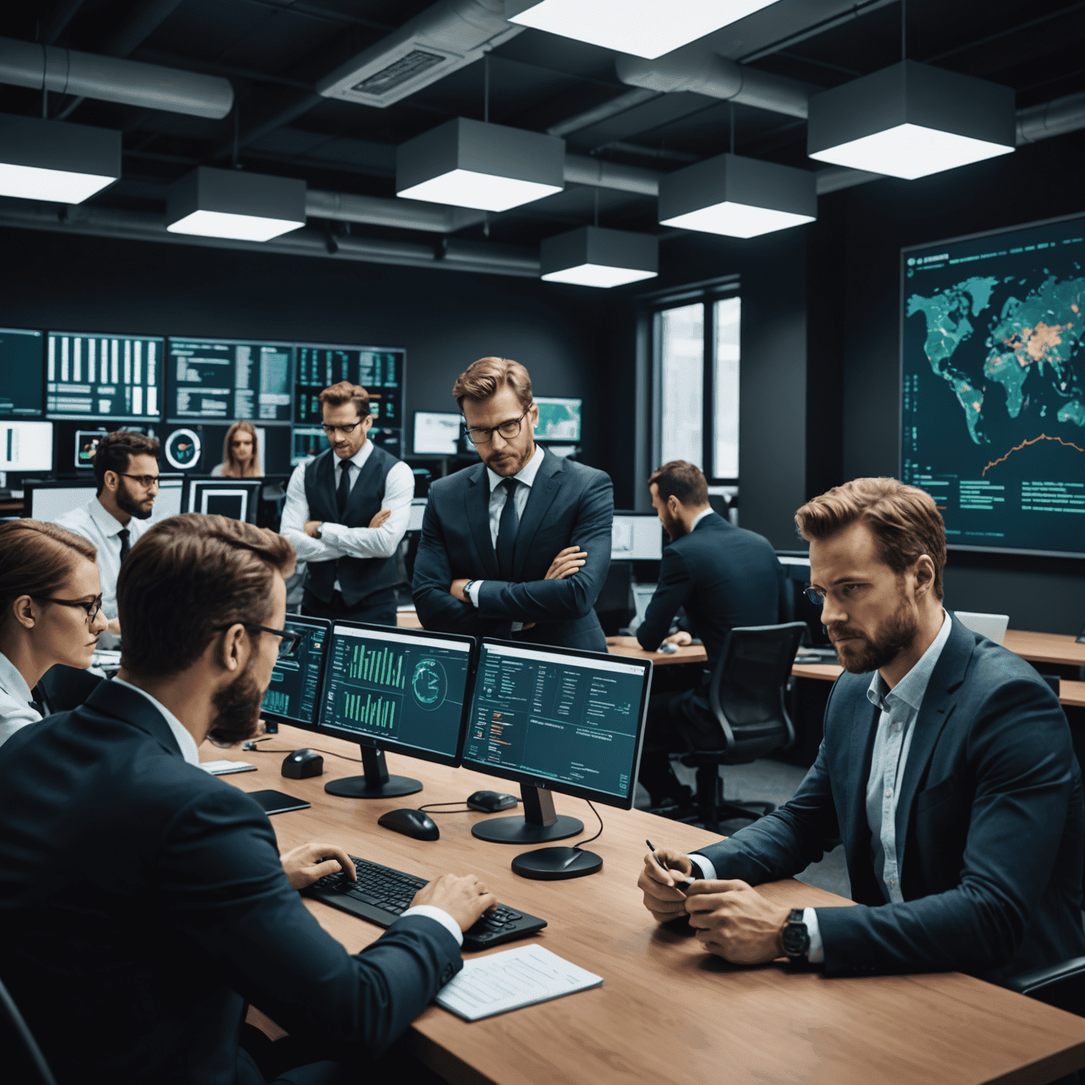 A team of cybersecurity experts gathered around a table, analyzing data on screens and discussing strategies for incident response in a modern fintech office environment. The image conveys a sense of urgency and collaboration.