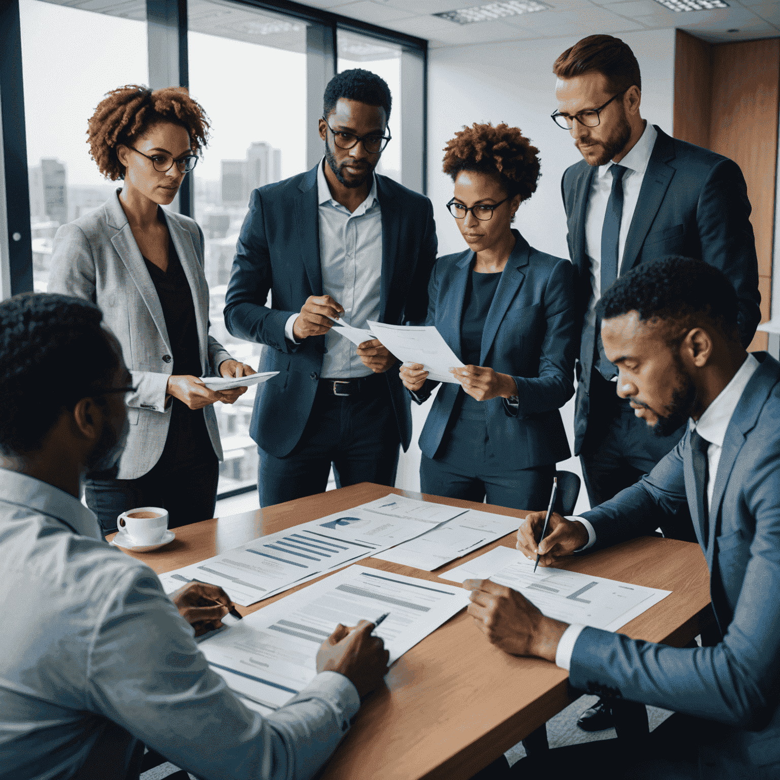 A professional consultant discussing compliance regulations with fintech executives in a modern South African office setting. The image shows a diverse group of people examining documents and digital presentations related to cybersecurity standards.