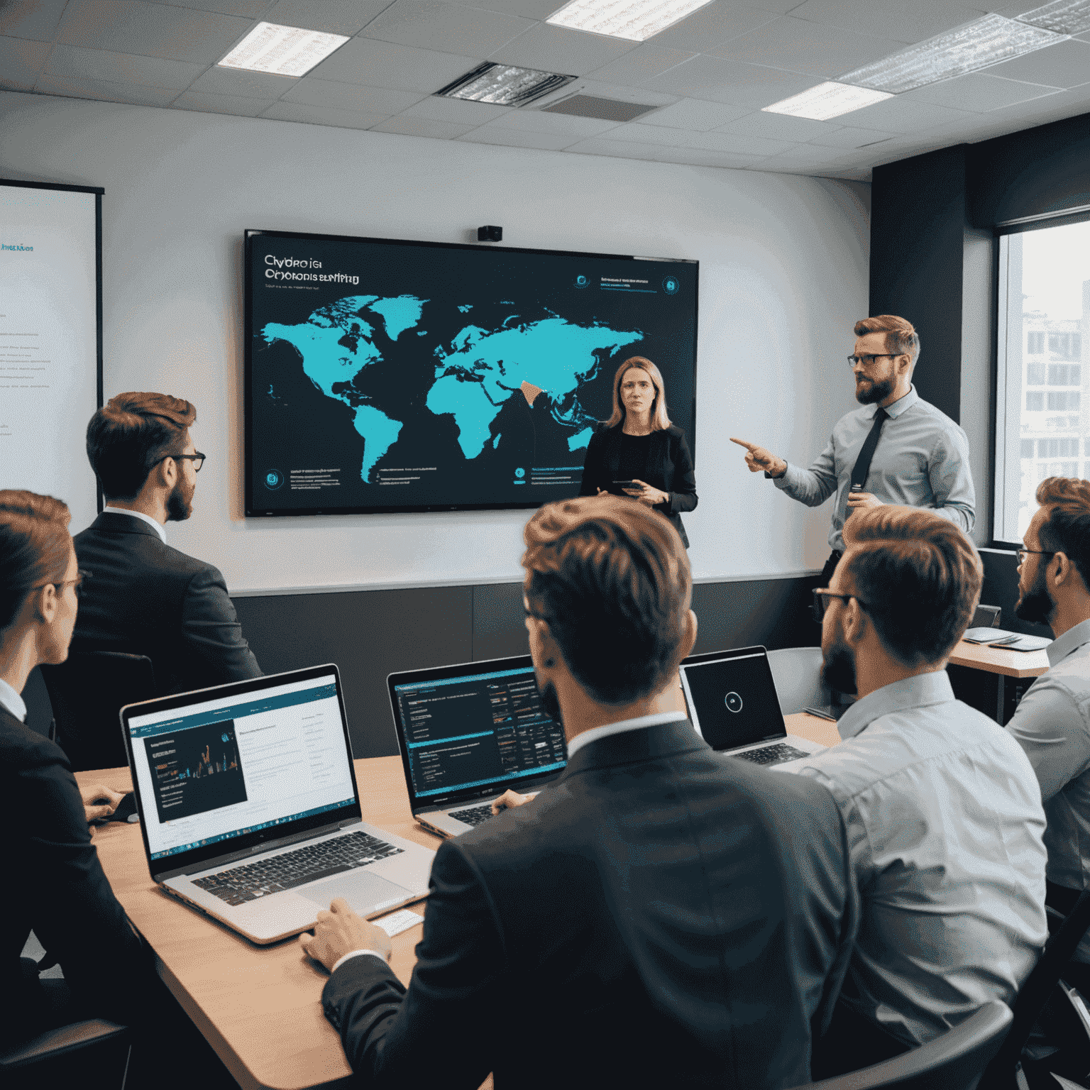 A group of fintech employees attending a cybersecurity awareness training session, with a presenter pointing at a screen displaying various cyber threats and best practices