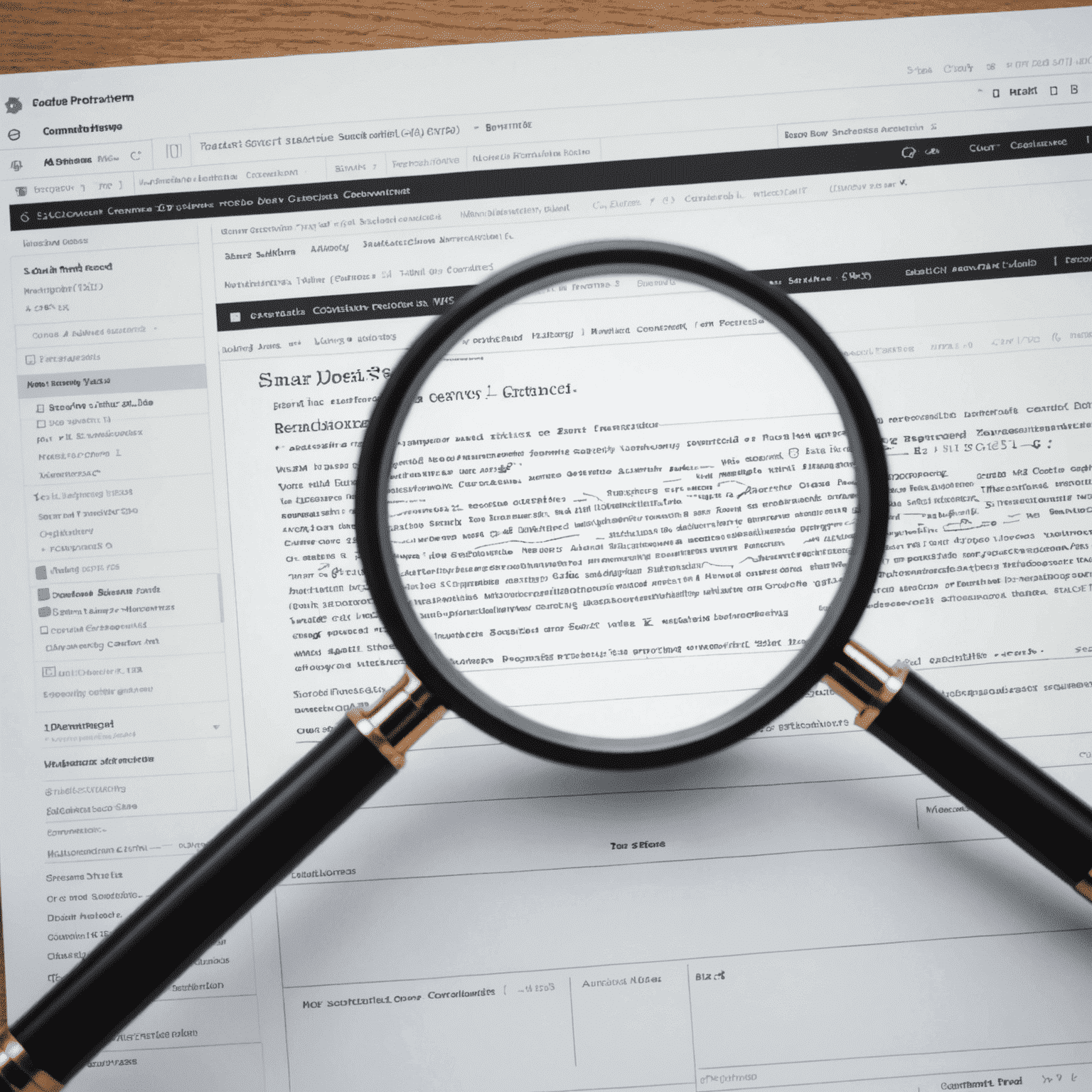 A computer screen displaying lines of code being analyzed, with a magnifying glass hovering over it, symbolizing the smart contract auditing process