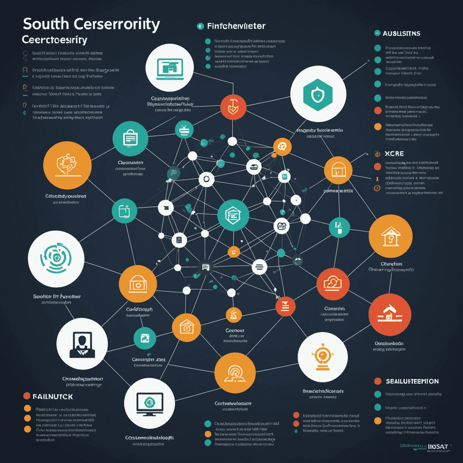 An infographic showing the interconnected cybersecurity ecosystem for South Africa's fintech sector. The image displays various stakeholders, including fintech companies, regulatory bodies, and cybersecurity firms, all working together to create a secure financial technology landscape.