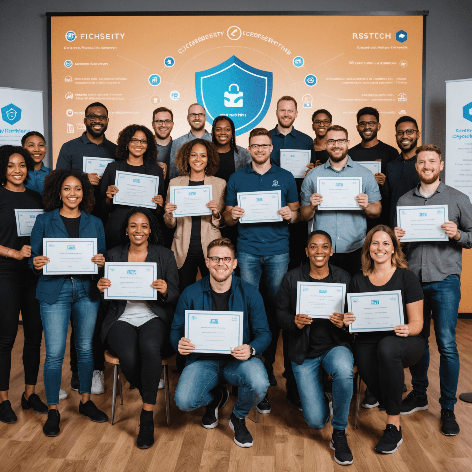 A diverse group of fintech professionals celebrating after completing their cybersecurity awareness training, with certificates in hand and a backdrop showing various cybersecurity icons